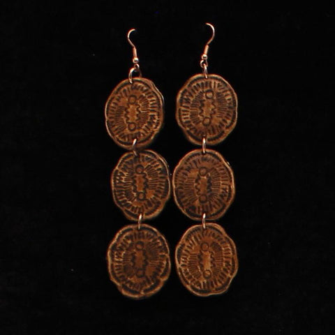 Brown leather 3 tier earrings